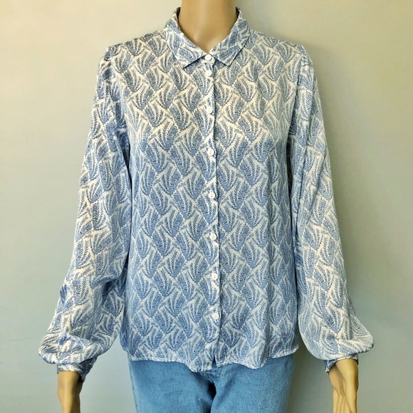 ESQUALO Pattern Silky Pastel Blue Boho Lightweight Button Down Blouse Shirt. - Picture 6 of 15